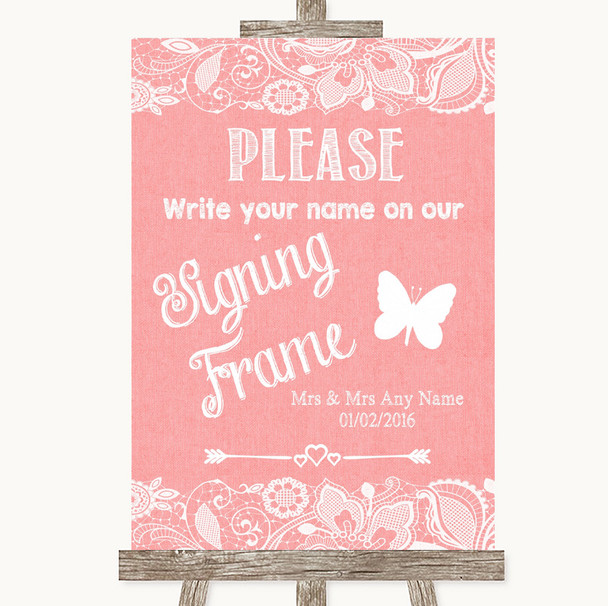 Coral Burlap & Lace Signing Frame Guestbook Personalized Wedding Sign