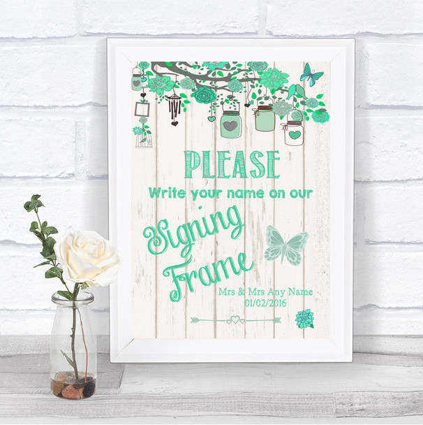 Green Rustic Wood Signing Frame Guestbook Personalized Wedding Sign