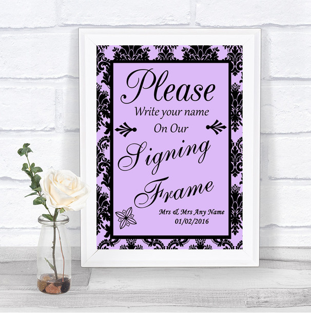 Lilac Damask Signing Frame Guestbook Personalized Wedding Sign