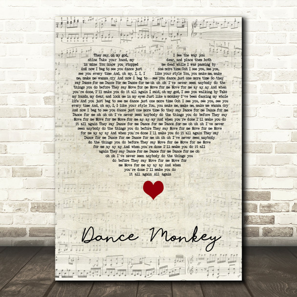 Tones And I Dance Monkey Script Heart Song Lyric Wall Art Print