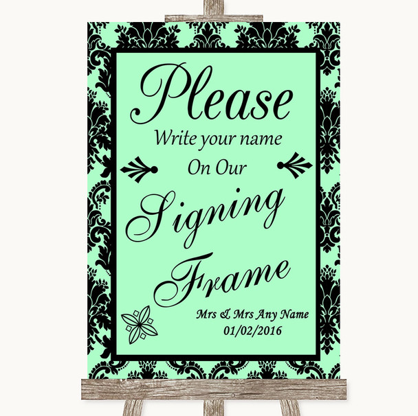 Mint Green Damask Signing Frame Guestbook Personalized Wedding Sign