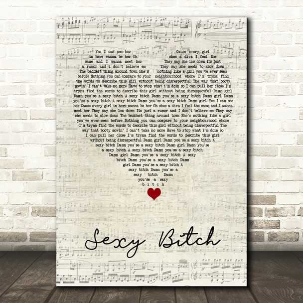 David Guetta Sexy Bitch Script Heart Song Lyric Wall Art Print