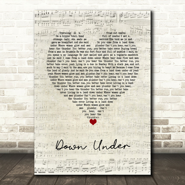 Men At Work Down Under Script Heart Song Lyric Wall Art Print