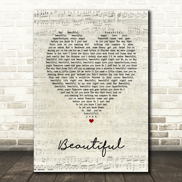 Bazzi Beautiful Script Heart Song Lyric Wall Art Print