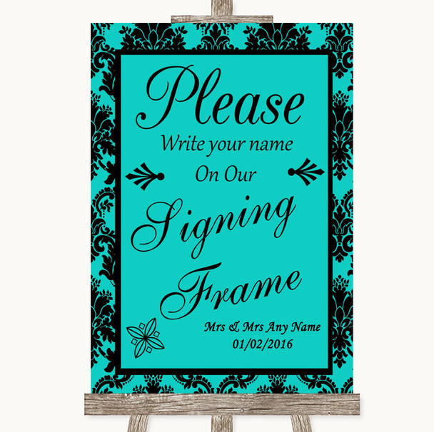 Turquoise Damask Signing Frame Guestbook Personalized Wedding Sign