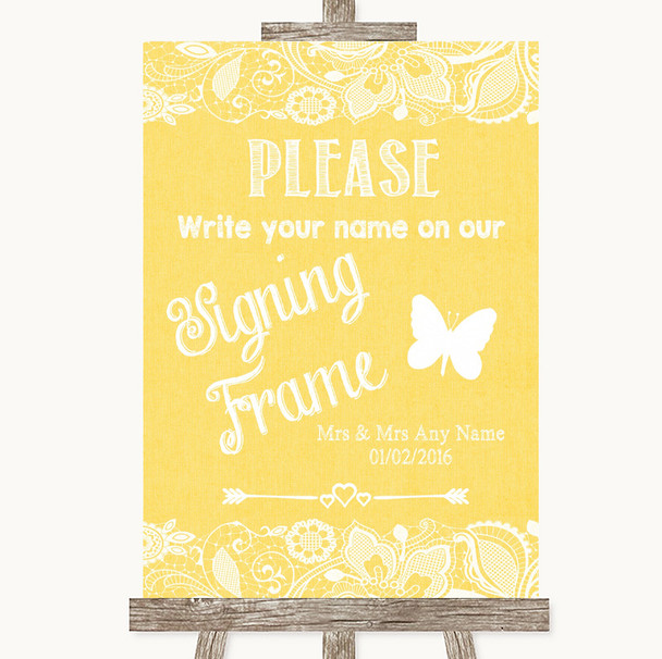 Yellow Burlap & Lace Signing Frame Guestbook Personalized Wedding Sign