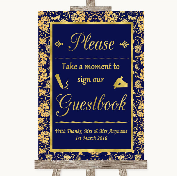 Blue & Gold Take A Moment To Sign Our Guest Book Personalized Wedding Sign