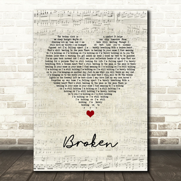 Lifehouse Broken Script Heart Song Lyric Wall Art Print