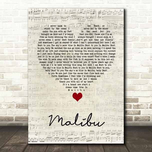 Miley Cyrus Malibu Script Heart Song Lyric Wall Art Print