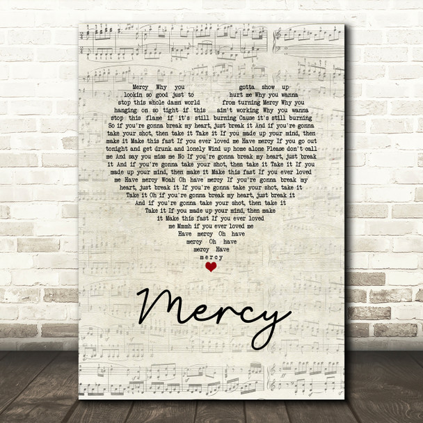 Brett Young Mercy Script Heart Song Lyric Wall Art Print