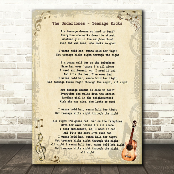 The Undertones Teenage Kicks Vintage Guitar Song Lyric Wall Art Print