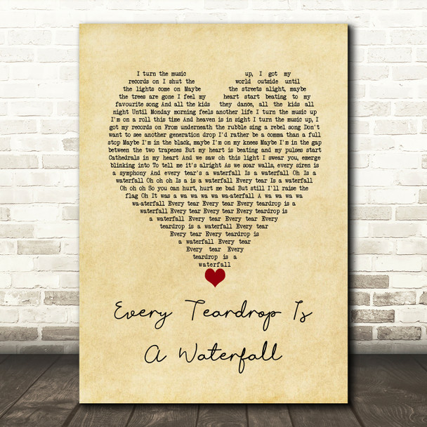 Coldplay Every Teardrop Is A Waterfall Vintage Heart Song Lyric Wall Art Print