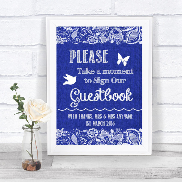 Navy Blue Burlap & Lace Take A Moment To Sign Our Guest Book Wedding Sign