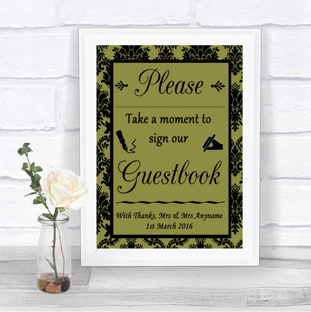Olive Green Damask Take A Moment To Sign Our Guest Book Wedding Sign