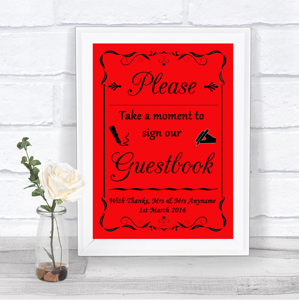 Red Take A Moment To Sign Our Guest Book Personalized Wedding Sign