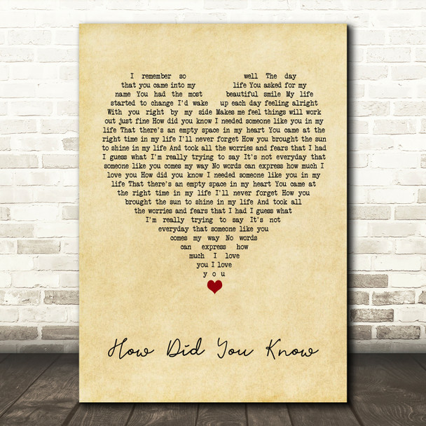 Chiqui Pineda How Did You Know Vintage Heart Song Lyric Wall Art Print