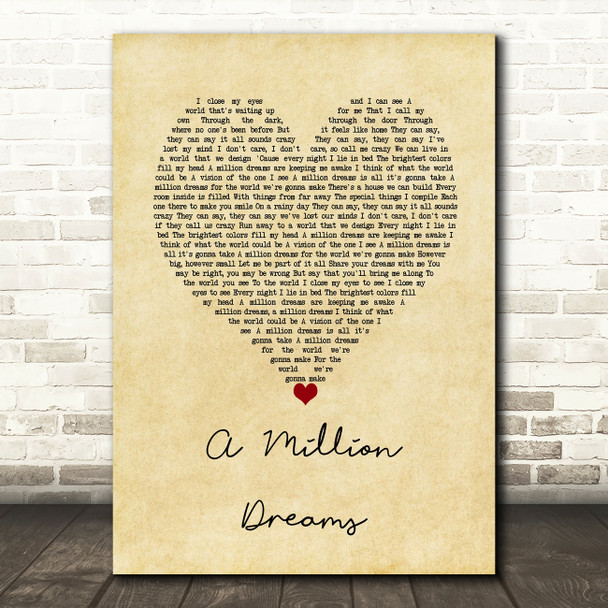 Ziv Zaifman, Hugh Jackman, Michelle Williams A Million Dreams Vintage Heart Song Lyric Wall Art Print