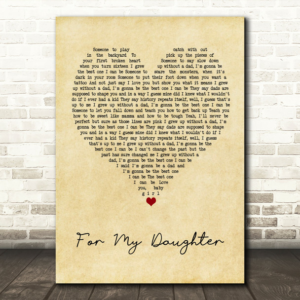 Kane Brown For My Daughter Vintage Heart Song Lyric Wall Art Print