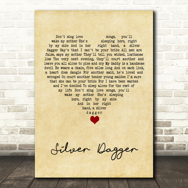 The Men They Couldn't Hang Silver Dagger Vintage Heart Song Lyric Wall Art Print