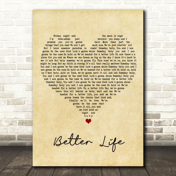 Keith Urban Better Life Vintage Heart Song Lyric Wall Art Print