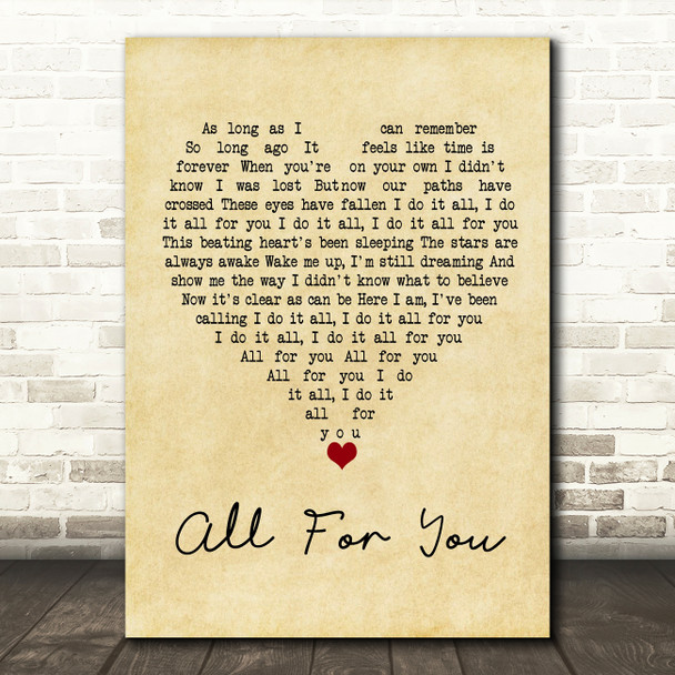 Stick Figure All For You Vintage Heart Song Lyric Wall Art Print
