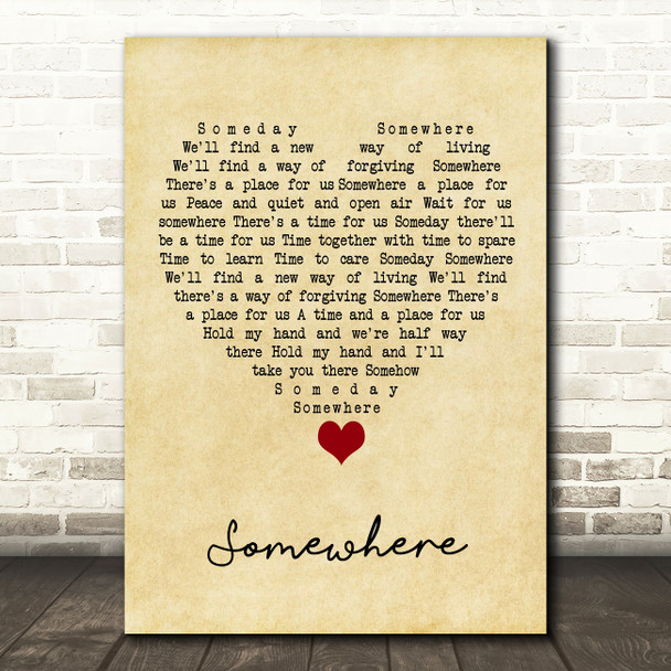 Barbra Streisand Somewhere Vintage Heart Song Lyric Wall Art Print