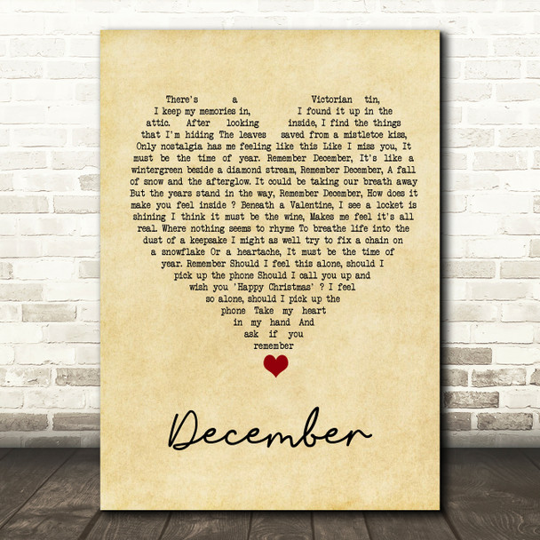 All About Eve December Vintage Heart Song Lyric Wall Art Print