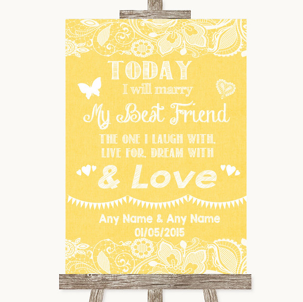 Yellow Burlap & Lace Today I Marry My Best Friend Personalized Wedding Sign