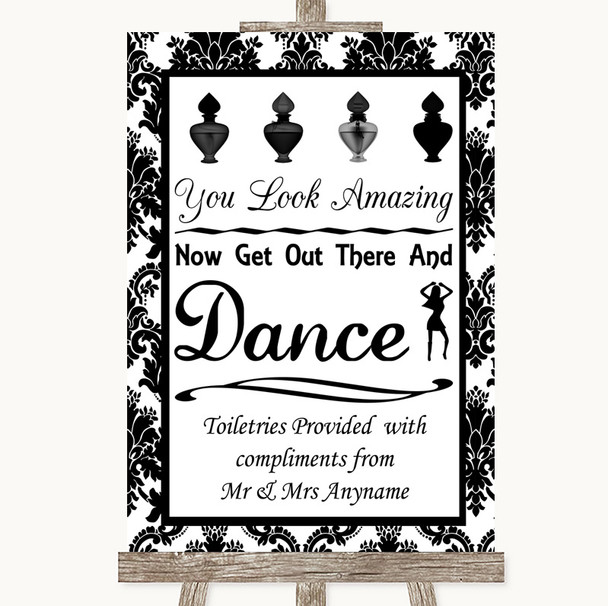 Black & White Damask Toiletries Comfort Basket Personalized Wedding Sign