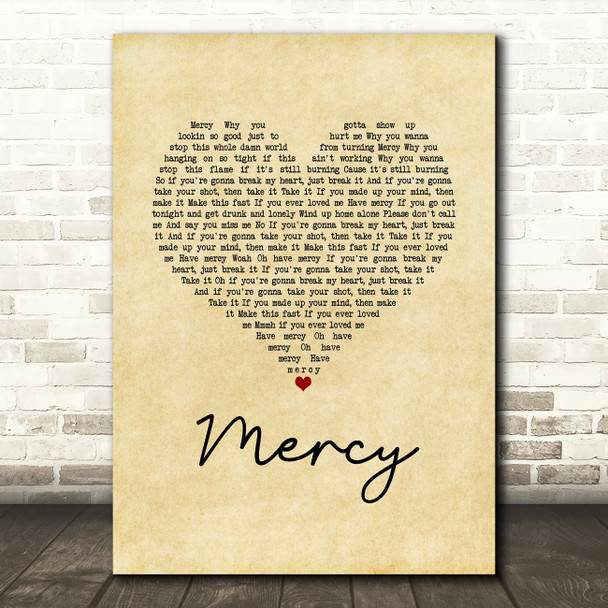 Brett Young Mercy Vintage Heart Song Lyric Wall Art Print