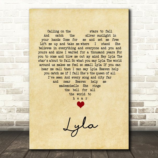 Oasis Lyla Vintage Heart Song Lyric Wall Art Print