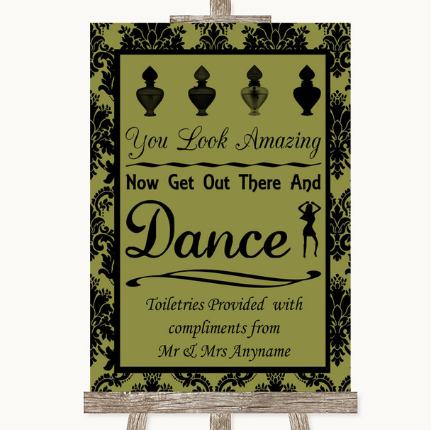 Olive Green Damask Toiletries Comfort Basket Personalized Wedding Sign