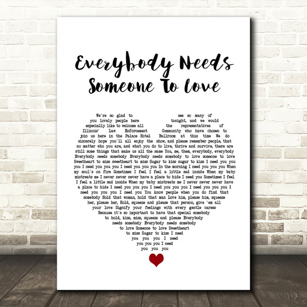 The Blues Brothers Everybody Needs Someone To Love White Heart Song Lyric Wall Art Print