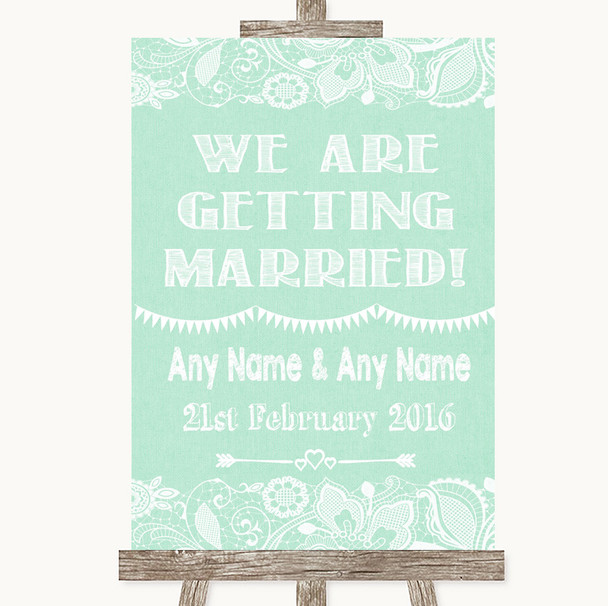 Green Burlap & Lace We Are Getting Married Personalized Wedding Sign