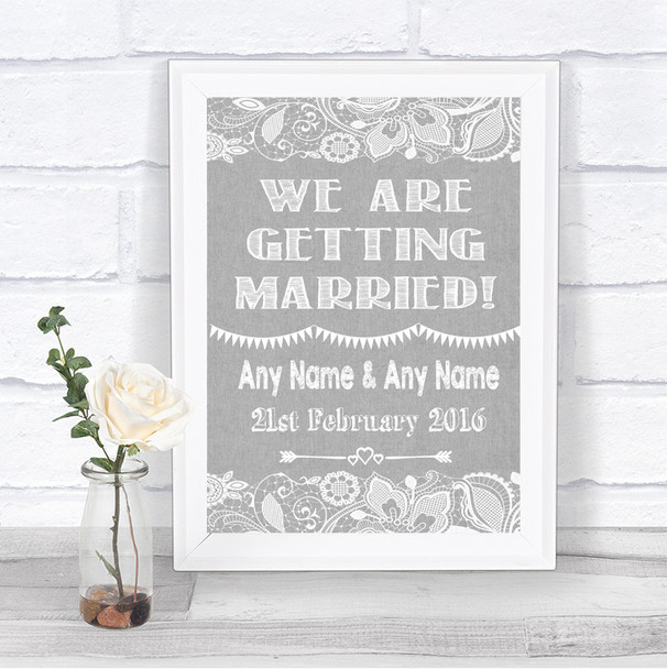 Grey Burlap & Lace We Are Getting Married Personalized Wedding Sign