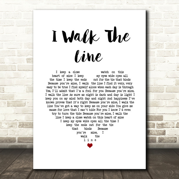 Johnny Cash I Walk The Line White Heart Song Lyric Wall Art Print