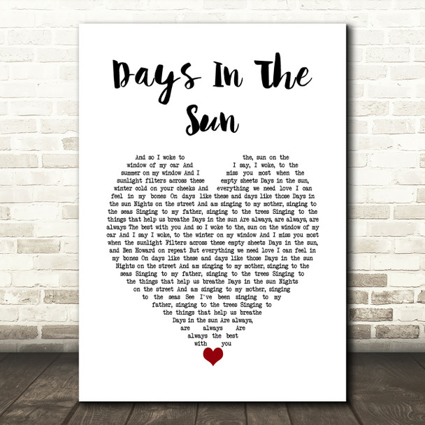 Ziggy Alberts Days In The Sun White Heart Song Lyric Wall Art Print