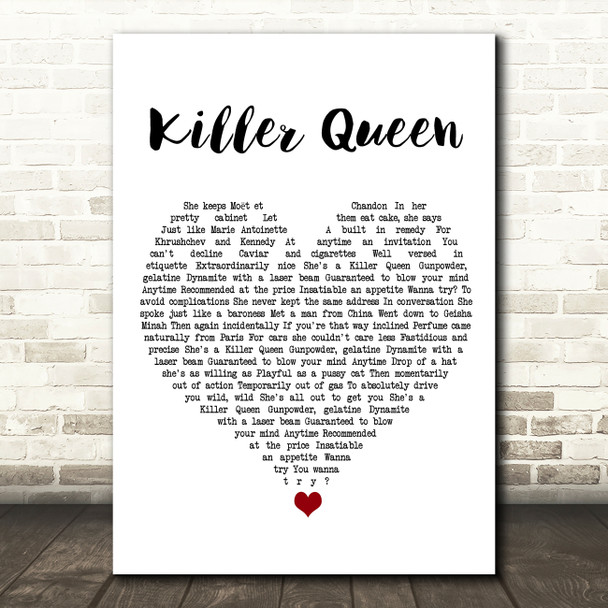 Queen Killer Queen White Heart Song Lyric Wall Art Print