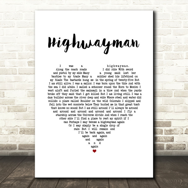 Johnny Cash Highwayman White Heart Song Lyric Wall Art Print