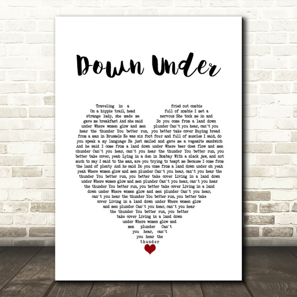 Men At Work Down Under White Heart Song Lyric Wall Art Print