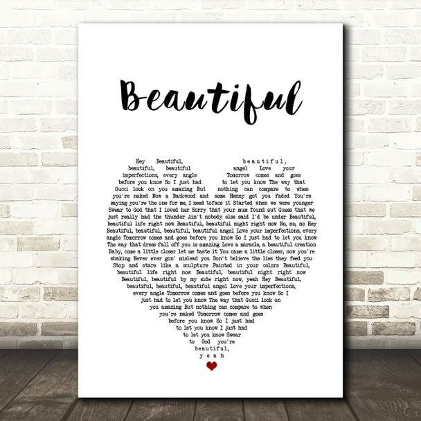 Bazzi Beautiful White Heart Song Lyric Wall Art Print