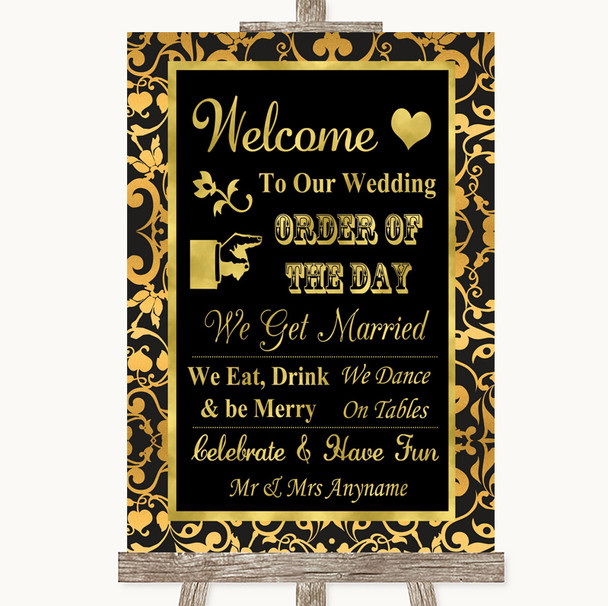 Black & Gold Damask Welcome Order Of The Day Personalized Wedding Sign