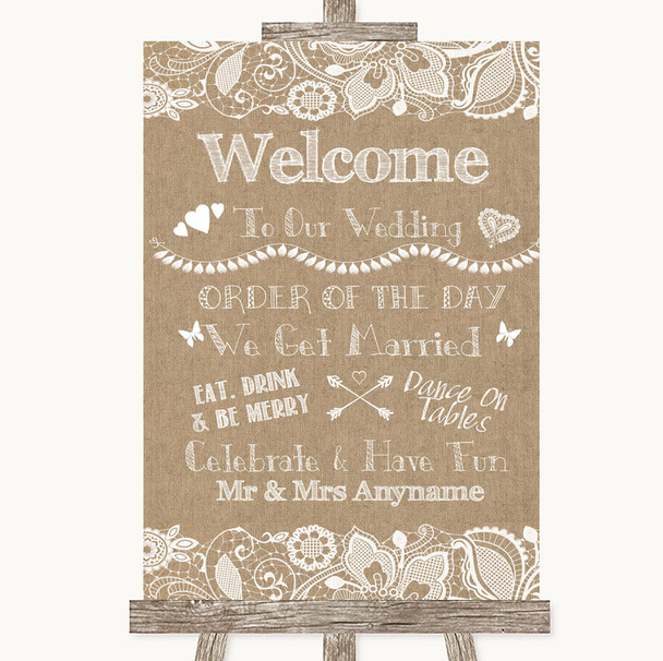 Burlap & Lace Welcome Order Of The Day Personalized Wedding Sign