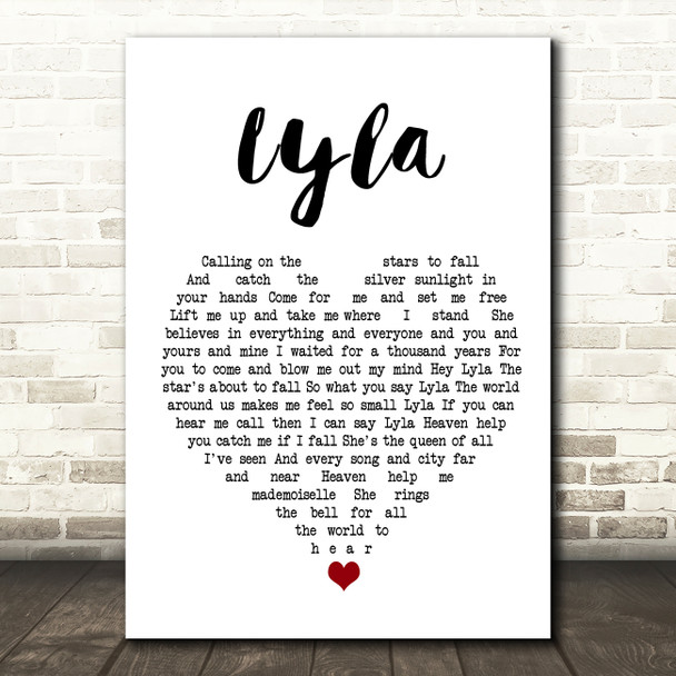 Oasis Lyla White Heart Song Lyric Wall Art Print