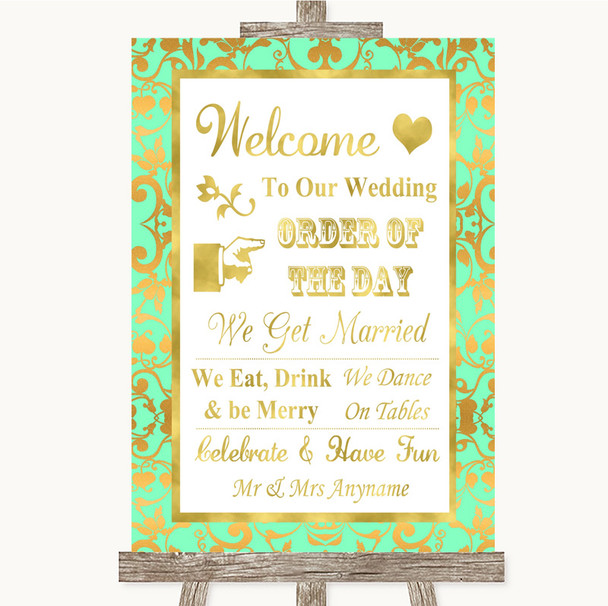 Mint Green & Gold Welcome Order Of The Day Personalized Wedding Sign
