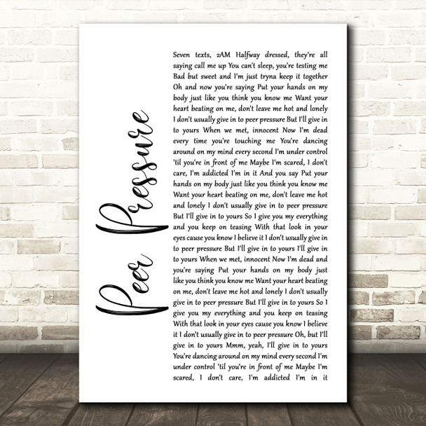 James Bay Peer Pressure White Script Song Lyric Wall Art Print