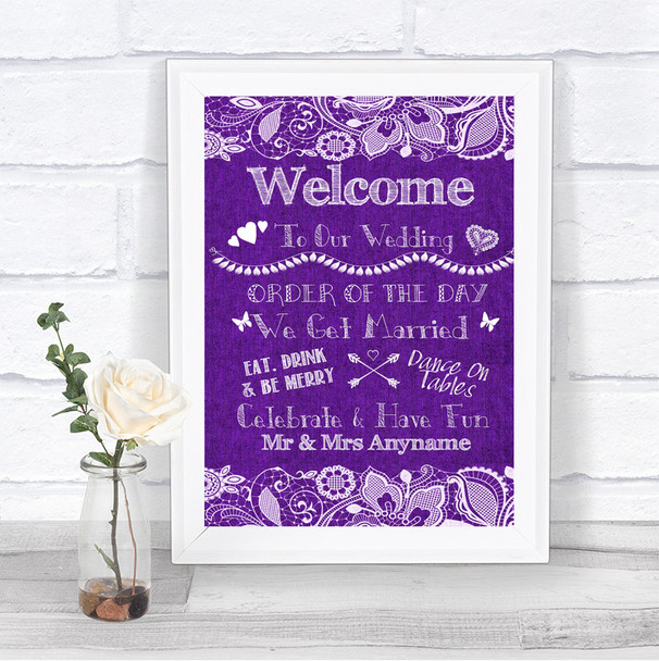 Purple Burlap & Lace Welcome Order Of The Day Personalized Wedding Sign