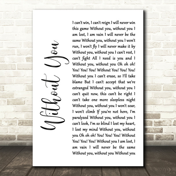 David Guetta Without You White Script Song Lyric Wall Art Print