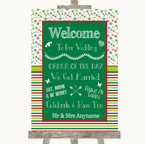 Red & Green Winter Welcome Order Of The Day Personalized Wedding Sign