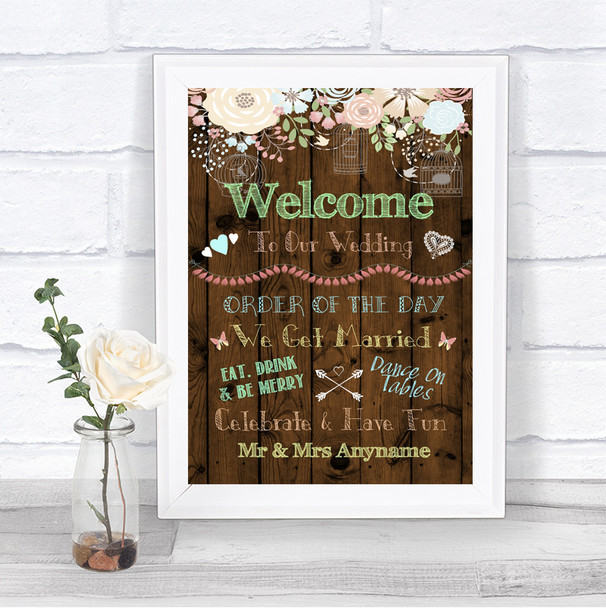 Rustic Floral Wood Welcome Order Of The Day Personalized Wedding Sign